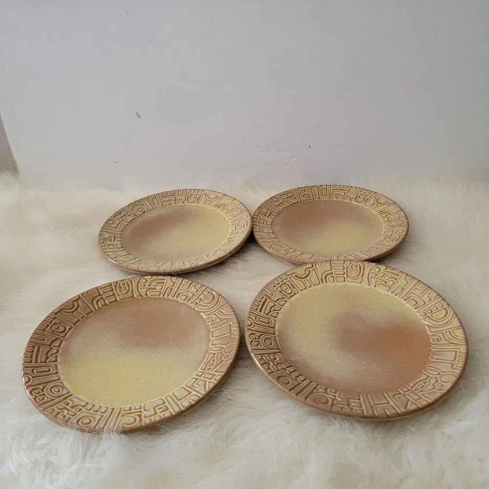vintage Frankoma Set Of 4 aztec gold pottery 7 inch plates 7G